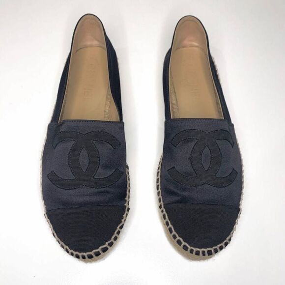 Chanel Satin CC Espadrille EU 38 US 7-7.5 Black Slip On Cap Toe Grosgrain Flat - Picture 1 of 13